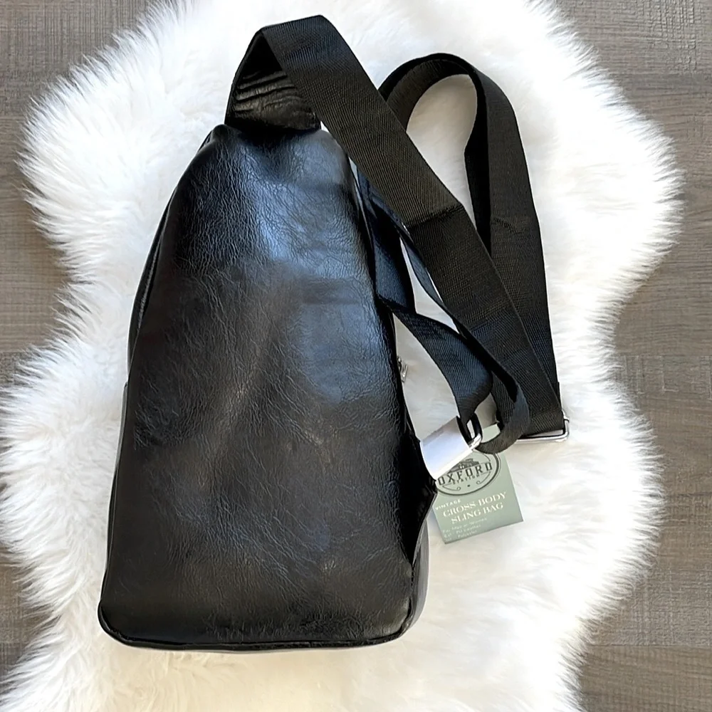 Oxford Station Vintage Style Unisex Crossbody Sling Bag Black Vegan Leather - Picture 6 of 12